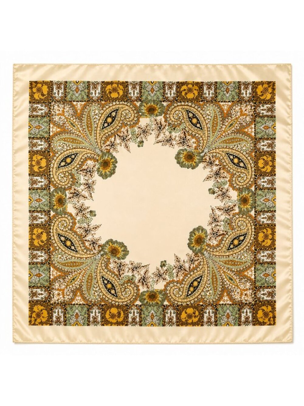 Luxury Paisley Floral Satin Scarf for Women – 35” Square Cream Gold Sage Green